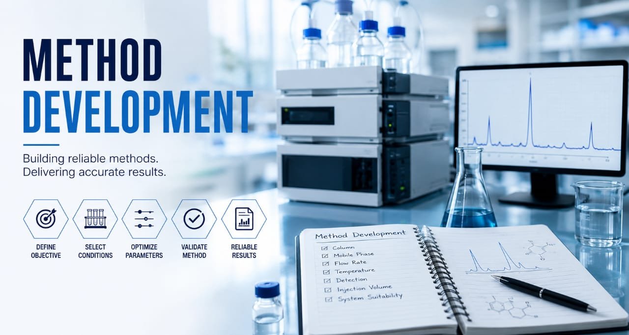 HPLC Method Development systematic workflow banner showing high performance liquid chromatography system and analyst handbook